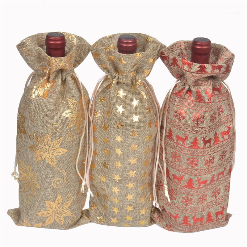 

Gift Wrap 5pcs Christmas Wine Bottle Bag Elk/Stars/Flowers Gilt Cover Burlap Red Xmas Ornament Table Decor