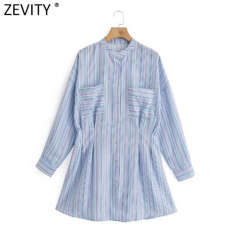 

Zevity Women Vintage Colorful Striped Print Waist Pleat Mini Shirt Dress Office Ladies Chic Casual Slim Business Vestidos DS8218 210603, As pic ds8218xn