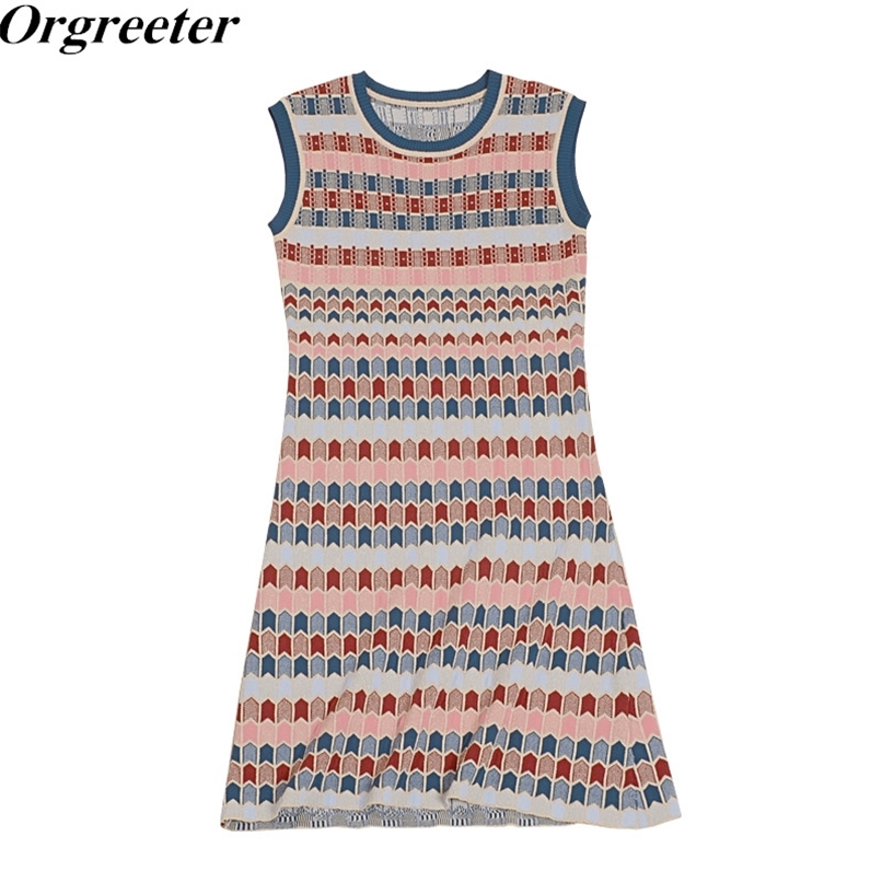 

Temperament O-neck Hit color Jacquard Thin A-line Striped Sleeveless Knitted Dress Fashion Pullover Jumper Knitwear Tank 210602, Beige