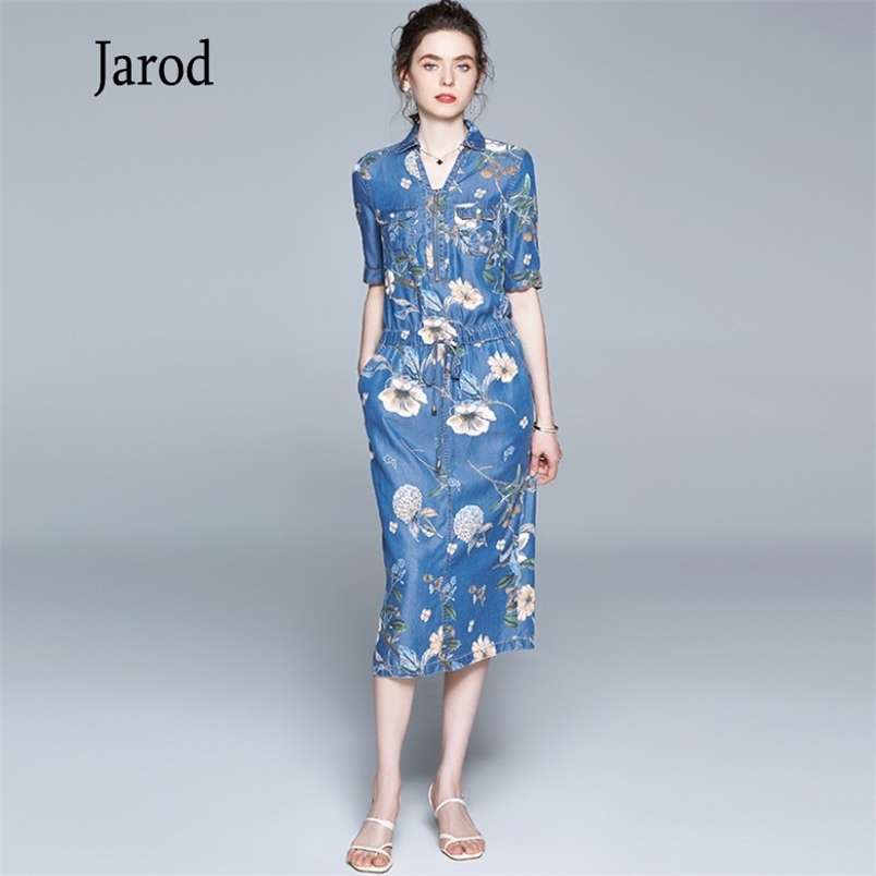 

High Quality Women Summer Elegant Floral Denim Dress Vintage Runway Designer Pencil Femme Robe Vestidos 210519, Photo color