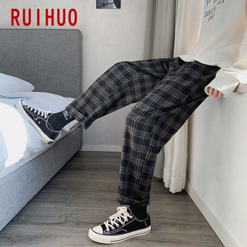 

RUIHUO Plaid Harem Pants Men Trousers Joggers Casual Pants Men Sweatpants Ankle-Length Hip Hop Streetwear Cotton M-3XL 210616