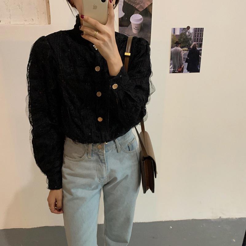 

Women's Blouses & Shirts Korean Style Loose Blouse Blusas Arrival Elegant Tops Women Shirt Lace Puff Sleeve Solid Embroidery, Beige