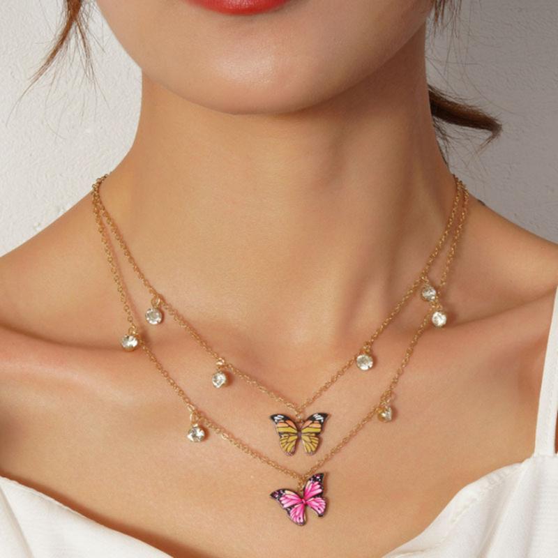 

Pendant Necklaces Fashion Vintage Boho Gold Simple Round Crystal Yellow Red Butterfly Necklace For Women Female Multilevel Chain Jewelry, Silver