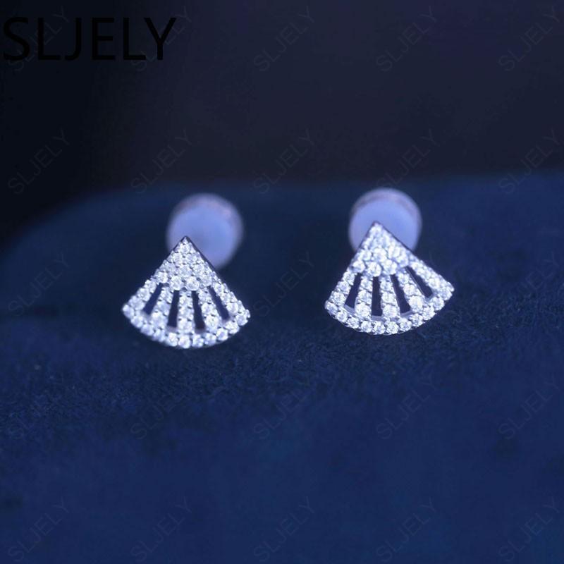 

Stud SLJELY Fashion S925 Sterling Silver Small Flamenco Fan Shaped Earrings Pave Cubic Zirconia Women Monaco Brand Party Jewelry, Golden;silver