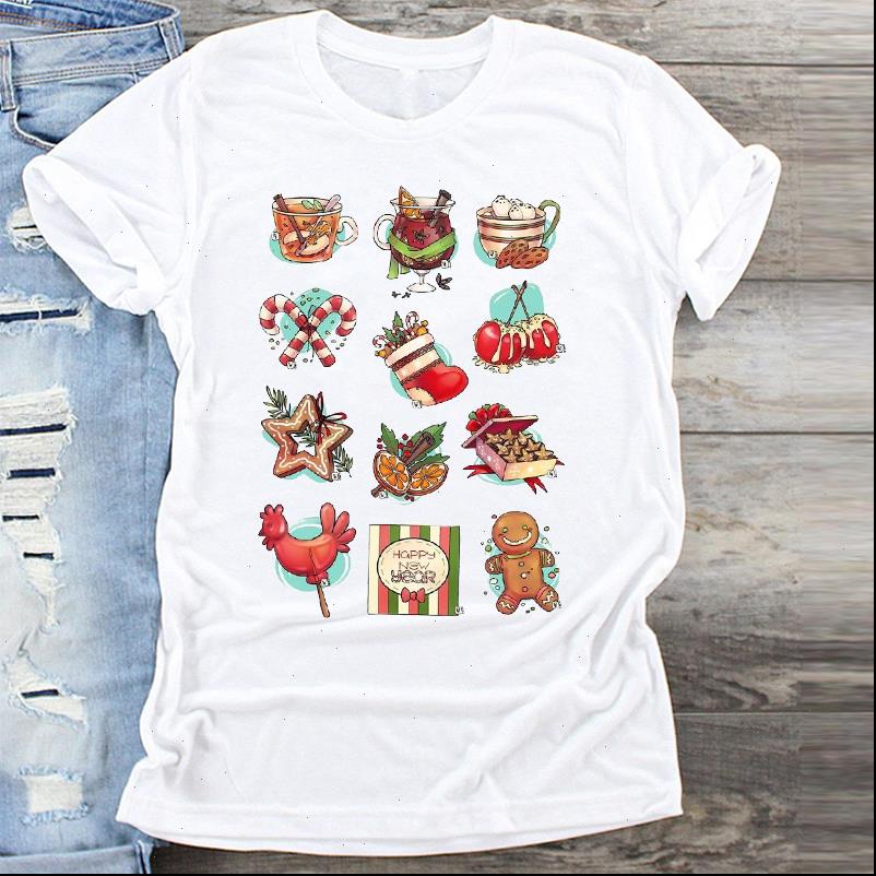 

cartoon cookies classic clothing merry women christmas print clothes graphic tshirts ladies tee, White