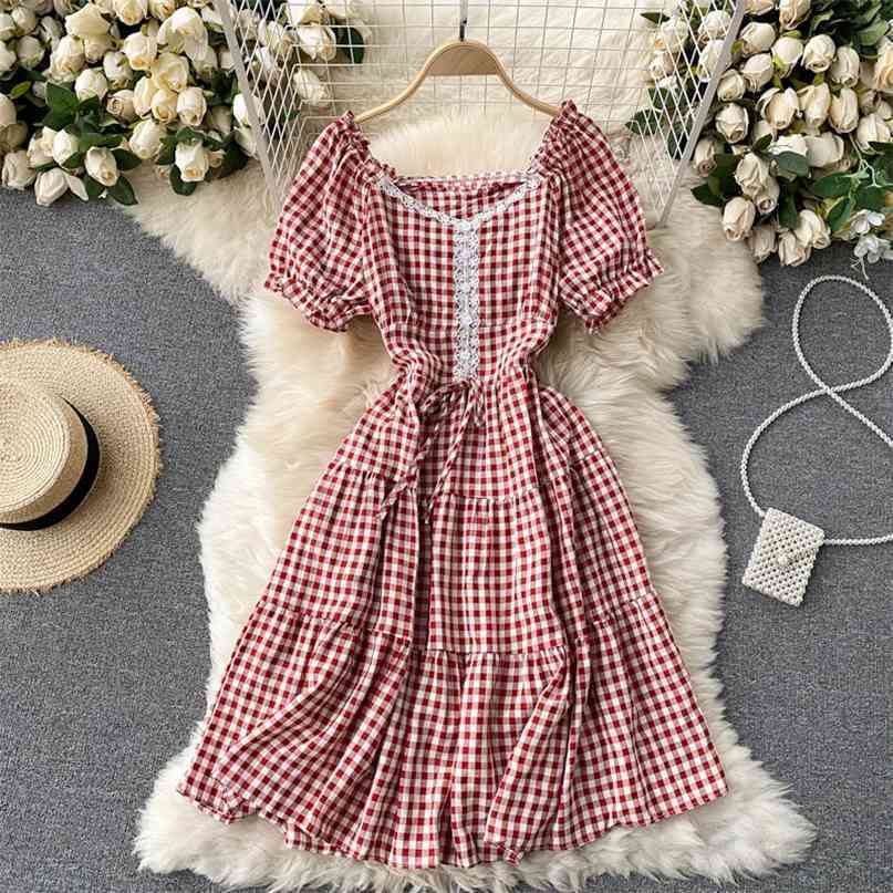 

Plaid Print Vintage Dress Summer V-neck Short Sleeve Preppy Style Lace Spliced Lace-up Slim Waist Kawaii Women 210603, Red