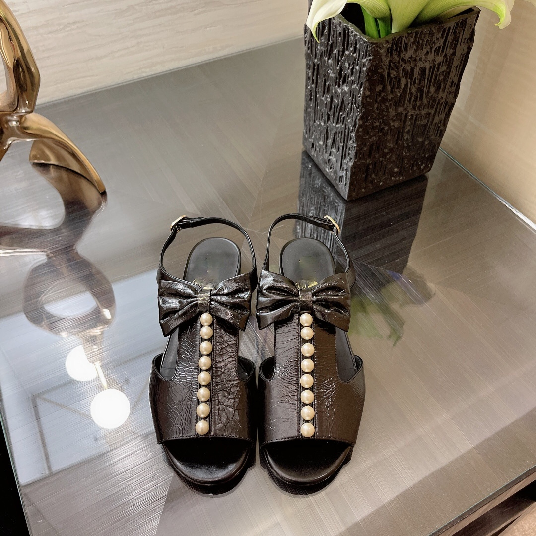 

Women Pearl Bowknot Sandals Summer Fashion Shoes High Quality Cattlehide Size -40 808100, Black