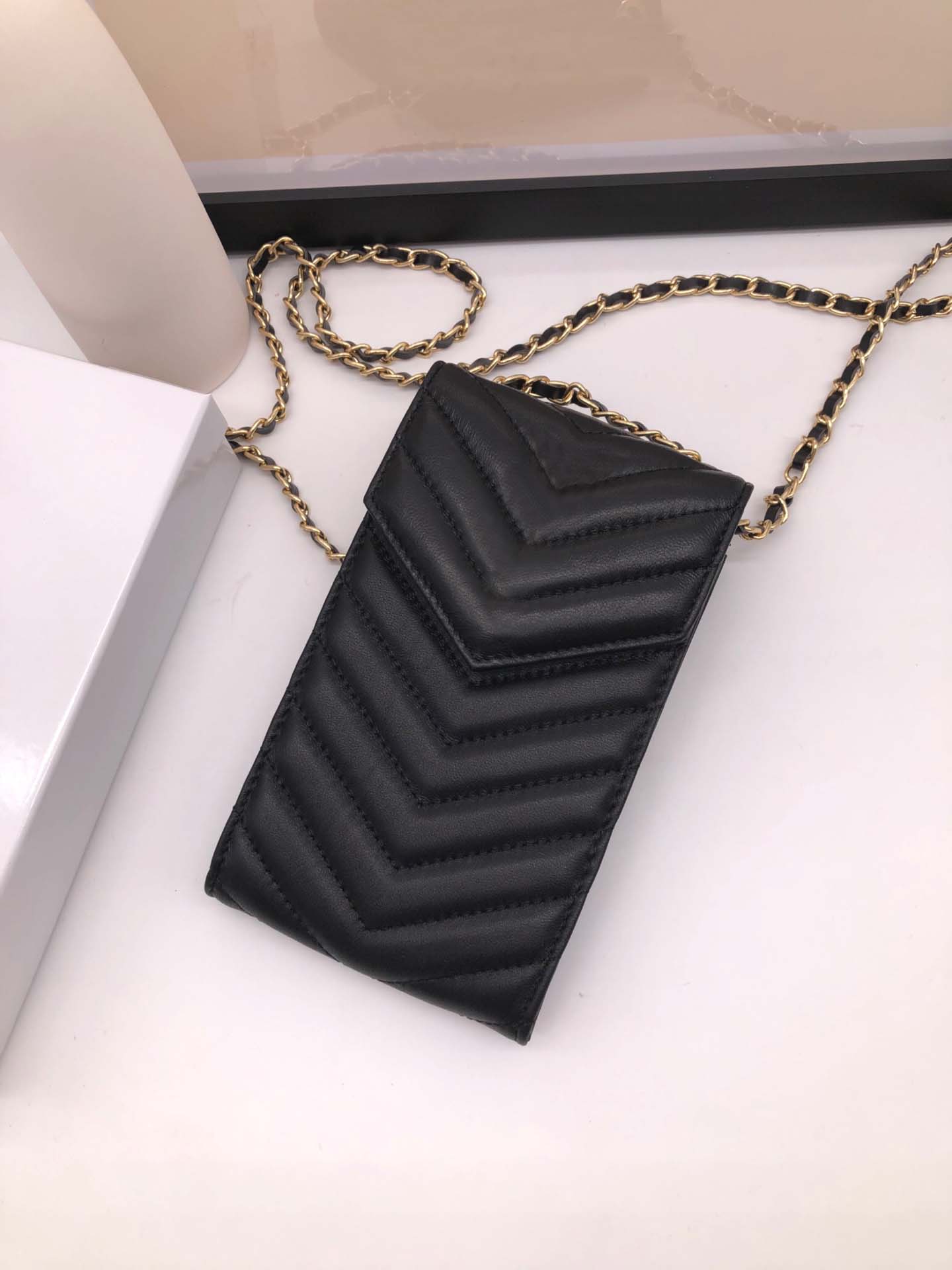 

Top quality KEY POUCH canvas holds high quality classical women sheepskin coin purse leather men card holders wallet caviar handbag gold chain mini bags 9571 18x10cm, Black
