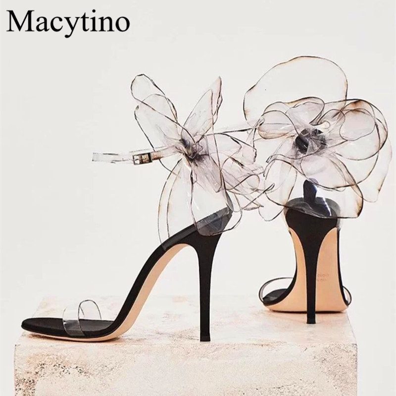 

Slippers Summer catwalk transparent roses fashion open toe high heel sandals female party heels 1RBT, Black