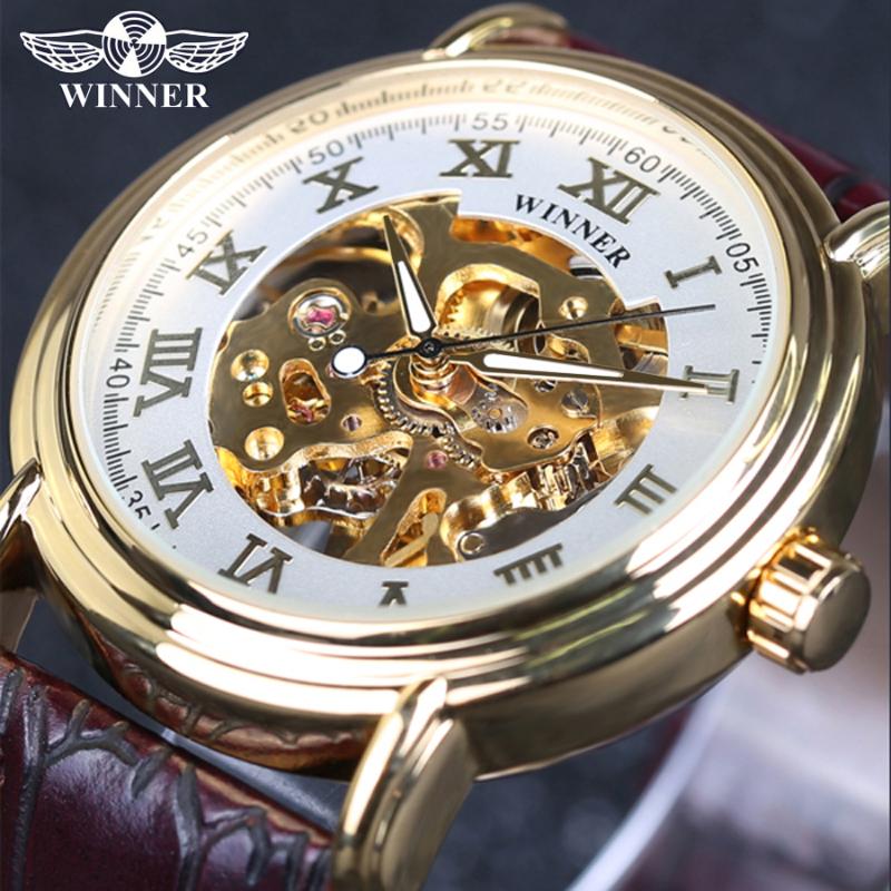 

Vintage Luxury Quality Gift Steampunk Winner Brand Leather Men Male Military Clock Automatic Skeleton Mechanical Watch Wristwatches, Slivery;brown