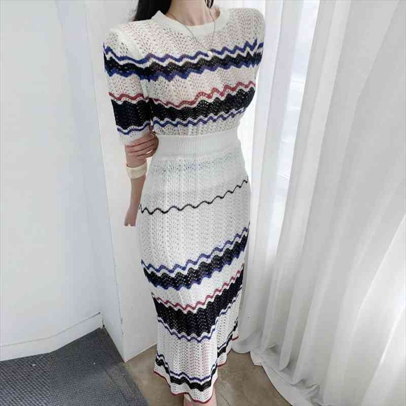 

Summer Korean Striped Knitted Women Two Piece Sets Short Sleeve Knit Tops High Waist Long Skirt Suits Fashion Suit, Gray