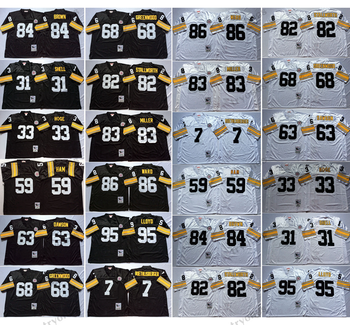

Vintage 31 Shell 33 Hoge 59 Jack Ham Football Jerseys Hines Ward 63 Dawson 68 Greenwood 82 Stallworth 83 Miller 95 Greg Lloyd 7 Roethlisberger 84 Antonio Brown Jersey, Black