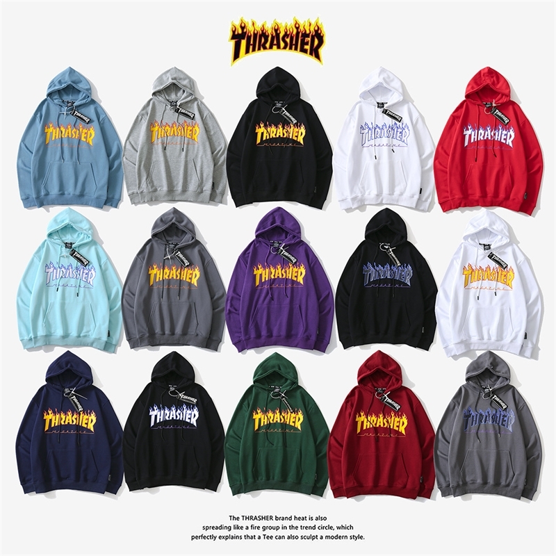 Men's Hoodies Wang Yibo's same thrasher skateboard flame men's and women's autumn winter Hoodie sports loose couple jacket