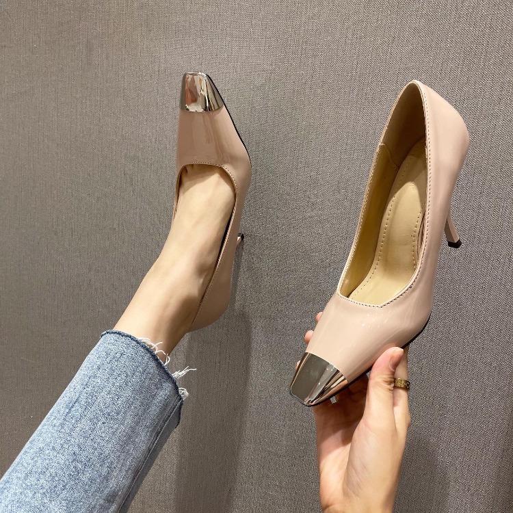 

Dress Shoes 2021 African Woman Shoe Metal Heels Square Toe Lace-Up Shallow Mouth Sexy Pump Patent Leather Work Professional Slip On La