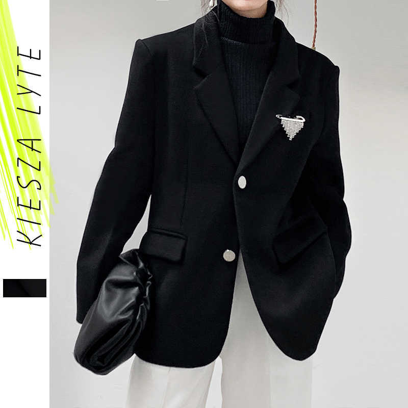 

Women Woollen Coat Jacket With Brooch Solid Simple All-match Minimalist Woolen Black Loose Blazer Coats Outwear 210608