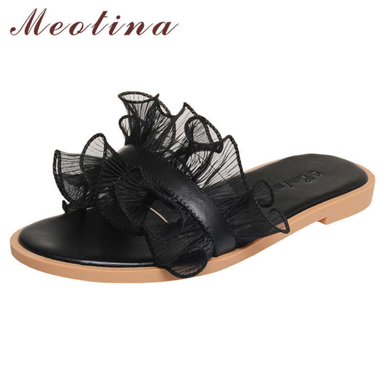 

Meotina Slippers Shoes Women Natural Genuine Leather Sandals Ruffles Flat Slides Round Toe Cow Leather Ladies Footwear Summer 210608, White