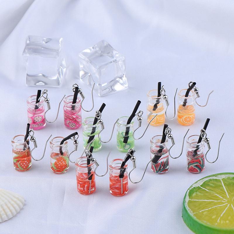 

Dangle & Chandelier 1Pair 3D Transparent Glass Sweet Candy Drink Bottle Resin Pendants Earring Cute Little Fresh Summer Earrings, Silver