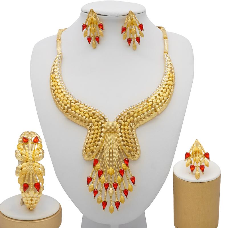 

Earrings & Necklace Dubai Gold Jewelry Sets African Bridal Wedding Gifts For Women Saudi Arab Bracelet Ring Set Stone Jewellery, As pic