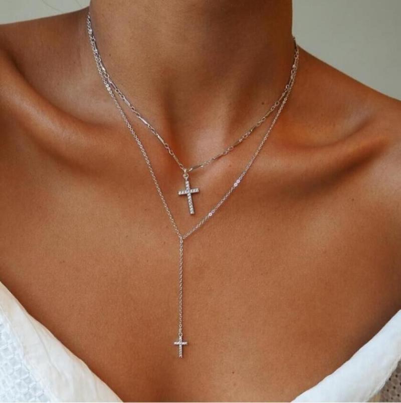 

Fashion Statement Multilayer Delicate Metal Necklace For Lady Party Gift Jewelry Retro Classic Cross Pendant Women Chains