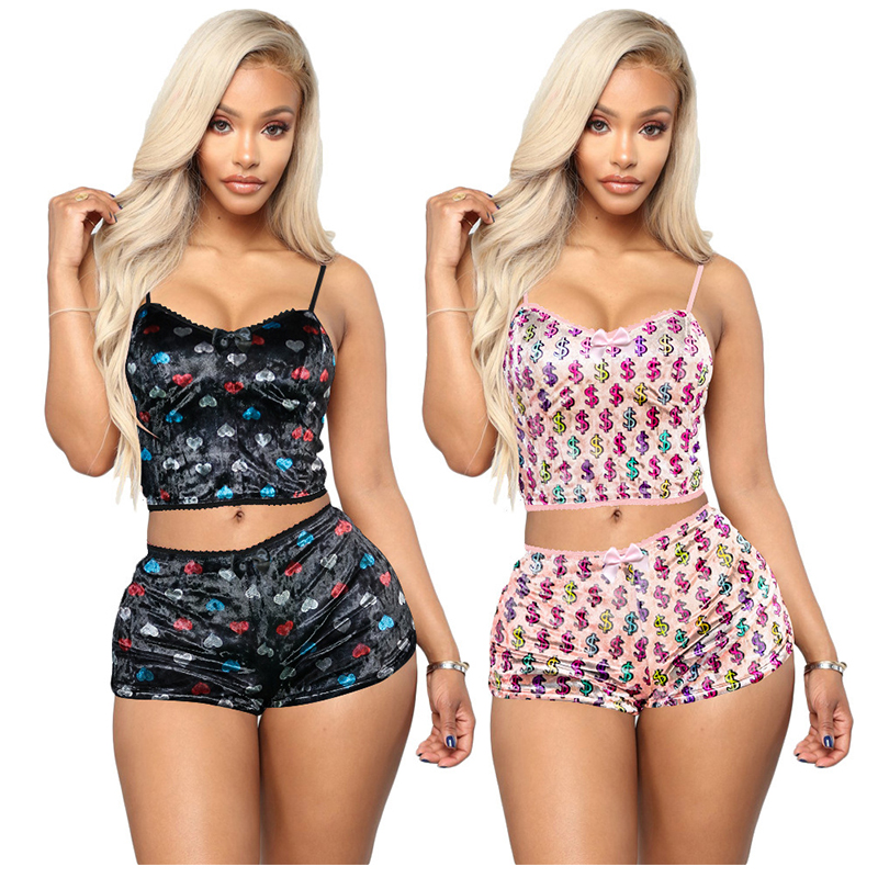 

Ladies Shorts Suit Women Two Piece Pants Sexy Slim Sleeveless Backless Flowers Printing Hollow Out High Waist Tight Sling Small Round Neck L, White