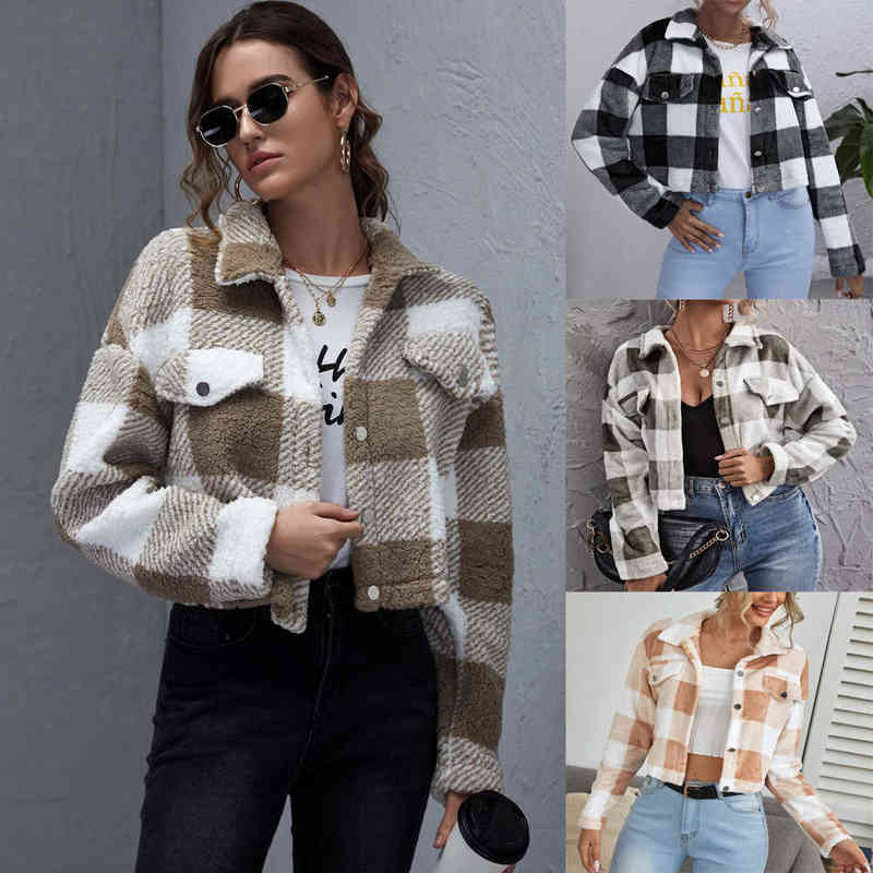 

Women' Jackets Buffalo Plaid Pattern Drop Shoulder Crop Flannel Jacket Straight Autumn And Winter 2022 New Loose Check Thick Plush Short Coat For Women 220118, Apricot white lattice