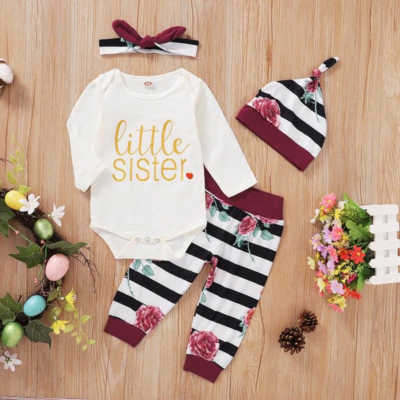 

Clothing Sets Baby Kids Outfits Girl Long Sleeve Letters Romper Tops Stripe Print Trousers Headband Hat Clothes 2021, White