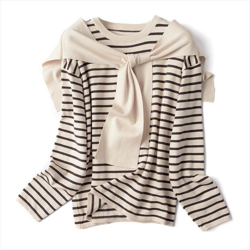 

striped women young style womens sweater pullovers autumn winter jumper long sleeve knitwear with cape fause 2 piece set, White;black