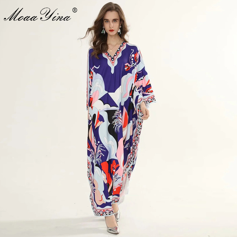 

Fashion Designer Runway dress Spring Summer Women Dress V Neck Batwing Sleeve Print Plus Size Loose Beach Maxi Dresses 210524, Multi
