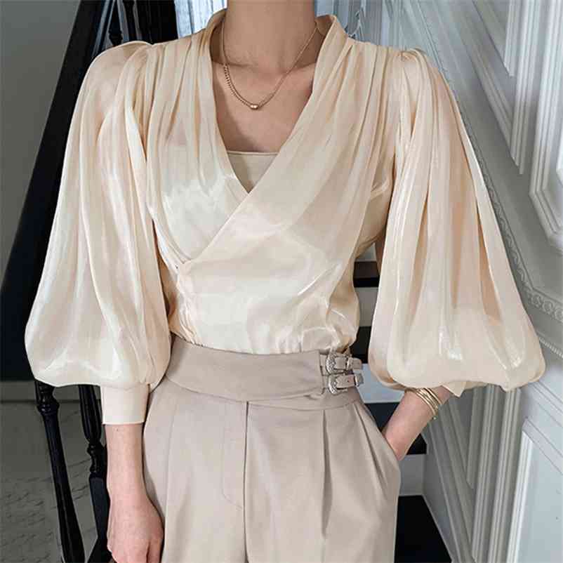 Work Style Ol Temperament Solid Blouse Women V Neck Lantern Long Sleeve Pullover Blusas Spring All Match Shirt 210422Z