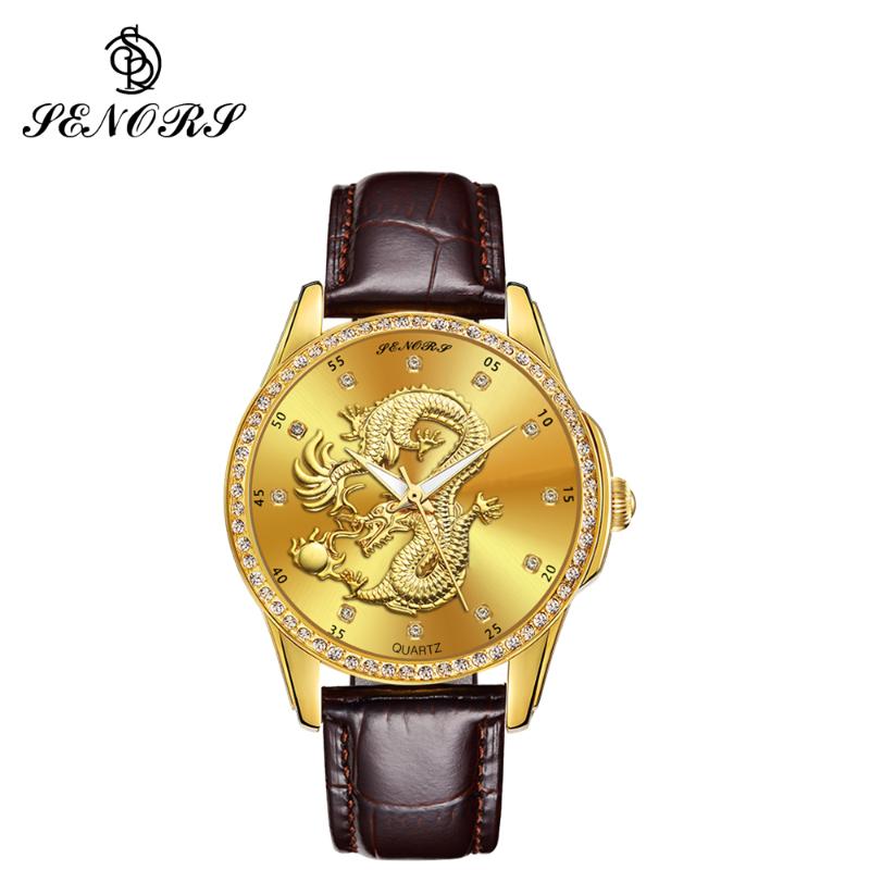 

Wristwatches SENORS Men Watch Golden Mens Watches Top Waterproof Full Steel Quartz Dragon Clock Male SN021-1 Relogio Masculino, Slivery;brown