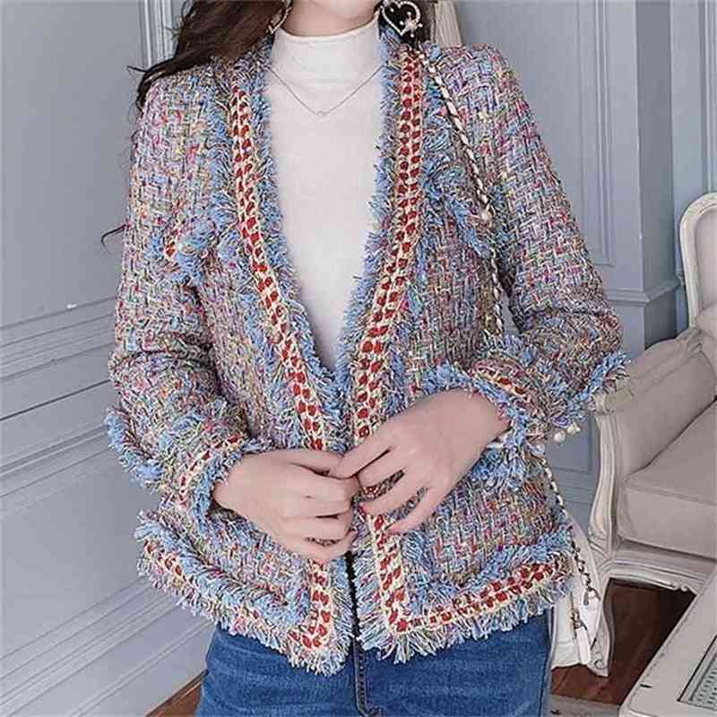 

Korean Style Elegant Tweed Jacket Coat Autumn Winter Women Small Fragrance Vintage Slim Woolen Outwear Mujer Chaqueta 210603, Picture color