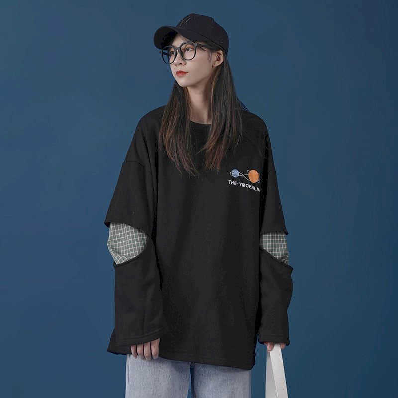 

Fake two-piece sweatshirt women loose autumn couple wear niche design sense Japanese women's long-sleeved top trend Hoodies 210526, White