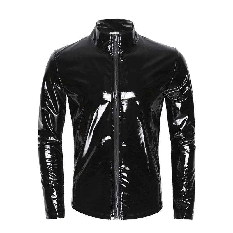

Mens Sexy Glossy PVC Leather Shirt Male Shiny Metallic Patent Jacket Tops Sexi Erotic Shaping Sheath Latex Casual Coat, Black