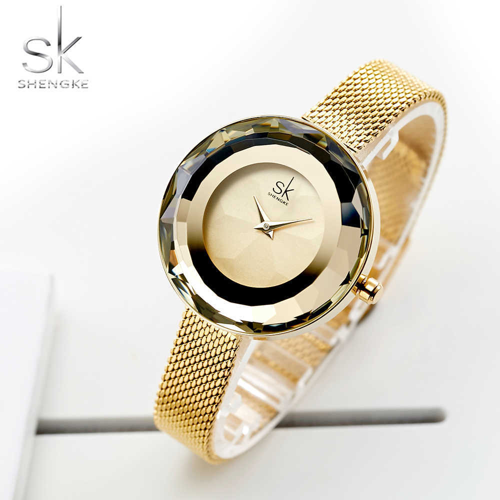 

Shengke Fashion Luxury Ladies Watch Prism Fac Gold Steel Mesh Quartz Women Watches Top Brand Clock Relogio Feminino 210616, Silver
