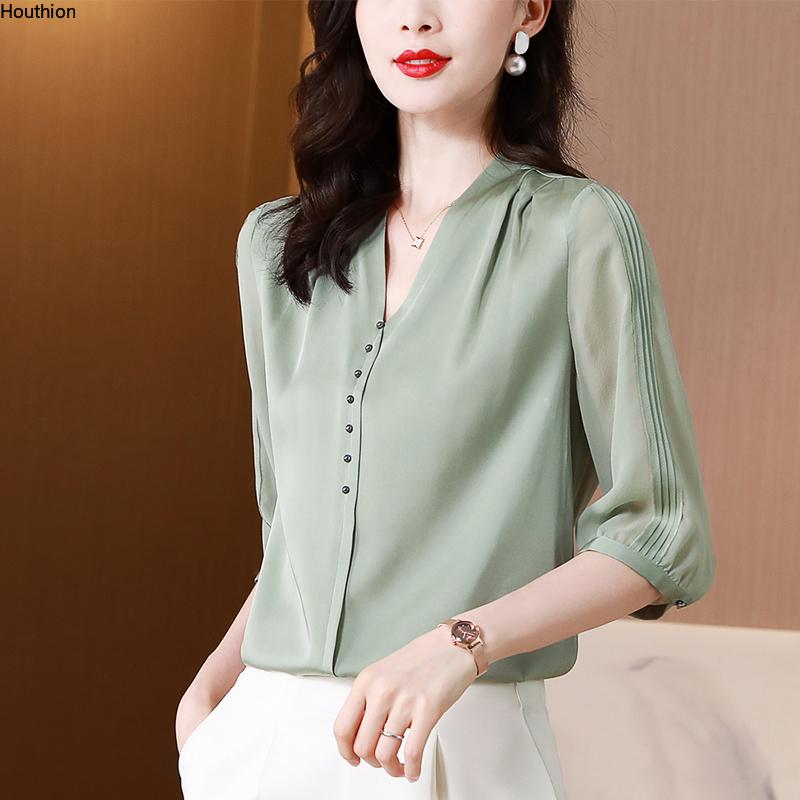 

Women' Blouses & Shirts Houthion Blouse Sleeve Top V-neck Summer 2021 Shirt Silk Solid Color Beaded Fashion Casual Satin, Green
