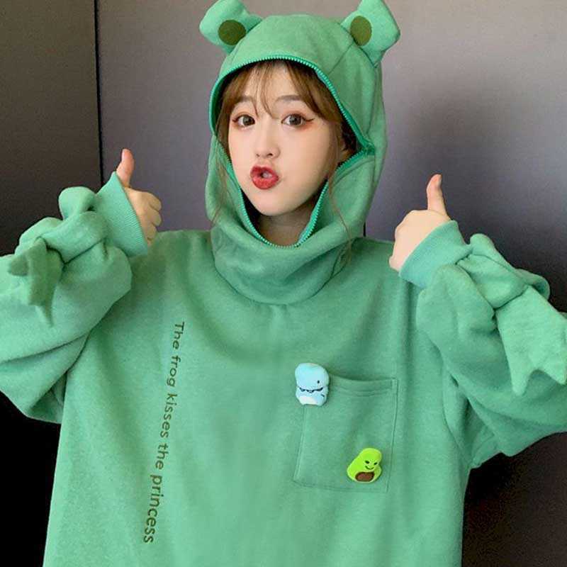 

Autumn plus velvet frog pullover zipper hoodies women's autumn Korean style loose top trendy girlfriends couple cute al 210526, Green hooded