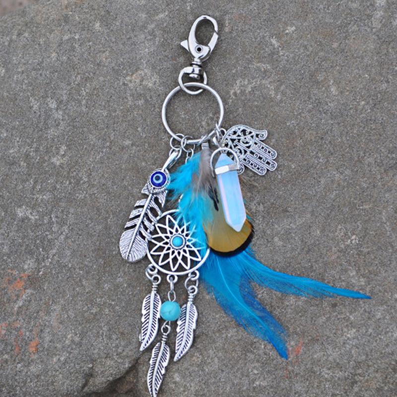 

Keychains Artilady Natural Opal Stone Dreamcatcher Keyring Fashion Boho Jewelry Feather Keychain For Women