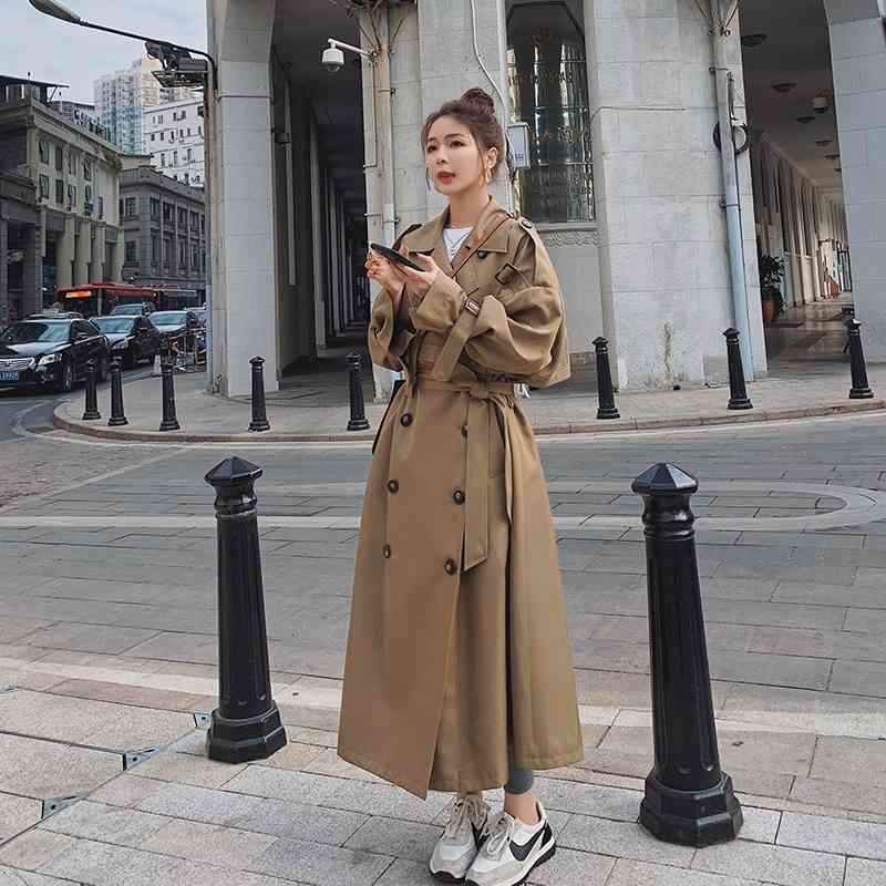 

women's trench coats nova marca longo trench coat para a mulher double-breasted lady duster casaco feminino blusÃ£o outerwear primavera, Tan;black