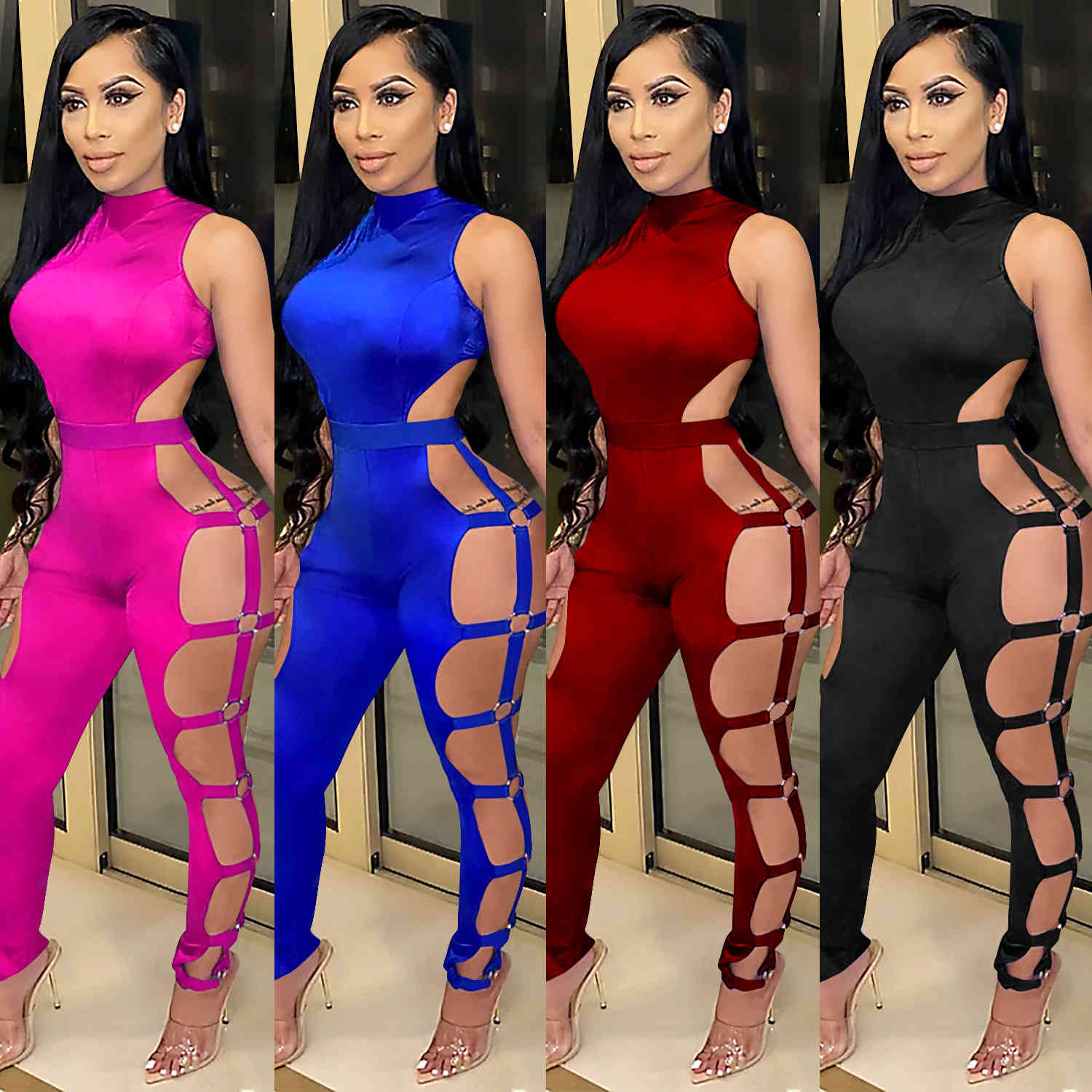 

Y2K Jumpsuits Sexy Women Hollow Out Holes Solid Color Ropmers O-neck Sleeveless Clubwear High Waist Rompers 210517, Blue