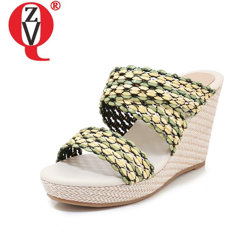 

Slippers ZVQ 2021 Summer Manual Genuine Leather Platform Sandals Ladies Comfortable Outside Wear 9.5 Heel Straw Plaited Shoes, Black