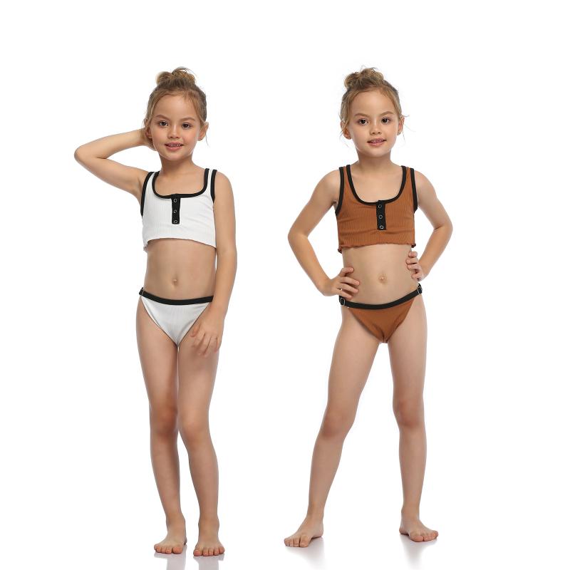 

One-Pieces Girl\u2021s Cute Two Piece Split Swimsuit Fresh Solid Color Stitching Suspender Tops And Buckle Triangle Shorts, White