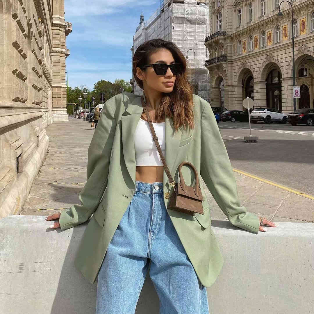 

Women Vintage Green Single Button Basic Blazer Jacket Office Lady Long Sleeve Chic Casual Fashion Coat Outwear 210521, Apricot