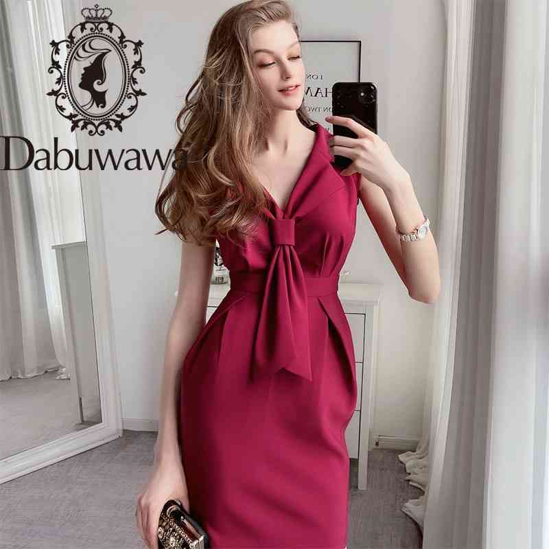 

Dabuwawa Vintage Party Burgundy Sheath Dress Women V-Neck Tie Front High Waist Sleeveless Elegant Dress Office Lady DT1BDR009 210520