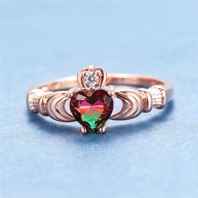 

Wedding Rings Red Green Zircon Cute Heart Claddagh For Women Jewelry Vintage Fashion Rose Gold Rainbow Stone Ring Bridal