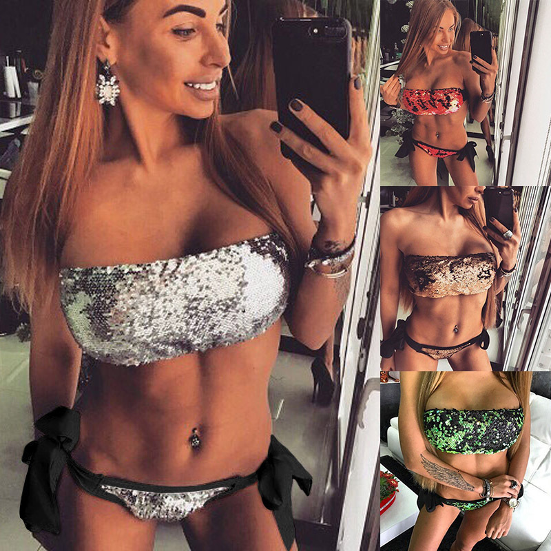 Women&#039;s 1Set Halter Swimsuit Bandage Bathing Suit Bling Sequin Swimwear Bikini bikinis de las mujeres shoulders biquini brasileiro sport-image-689531172
