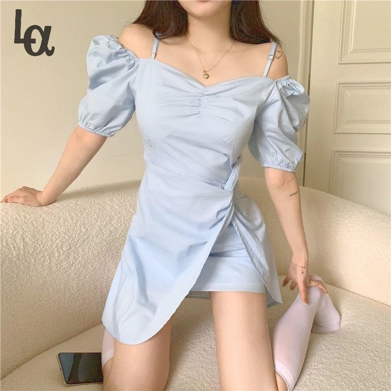 

Summer Beach Kawaii Dress Women Irregular Blue Korean Sexy Party Mini Dresses Off Shoulder Chic Sweet Cute Sundress 210519