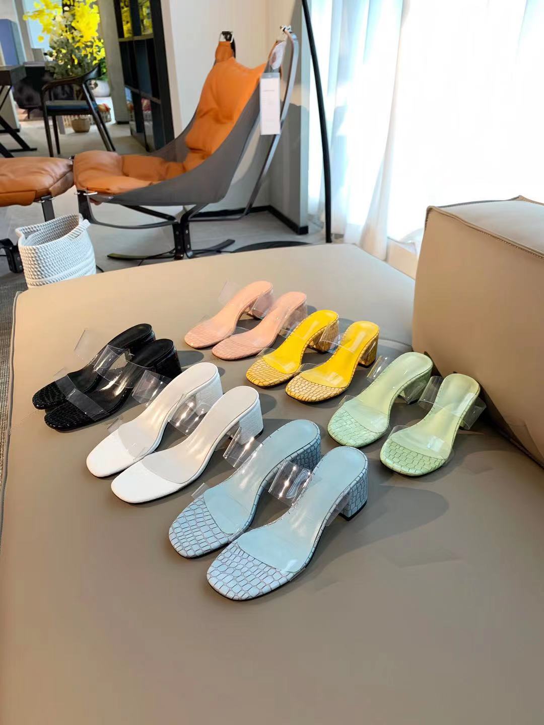 

T21052201 green yellow white black pink sandals slides 5cm heels clear transparent strap genuine leather calf skin sexy casual summer chunky korean design shoes, Black/check stock before pay