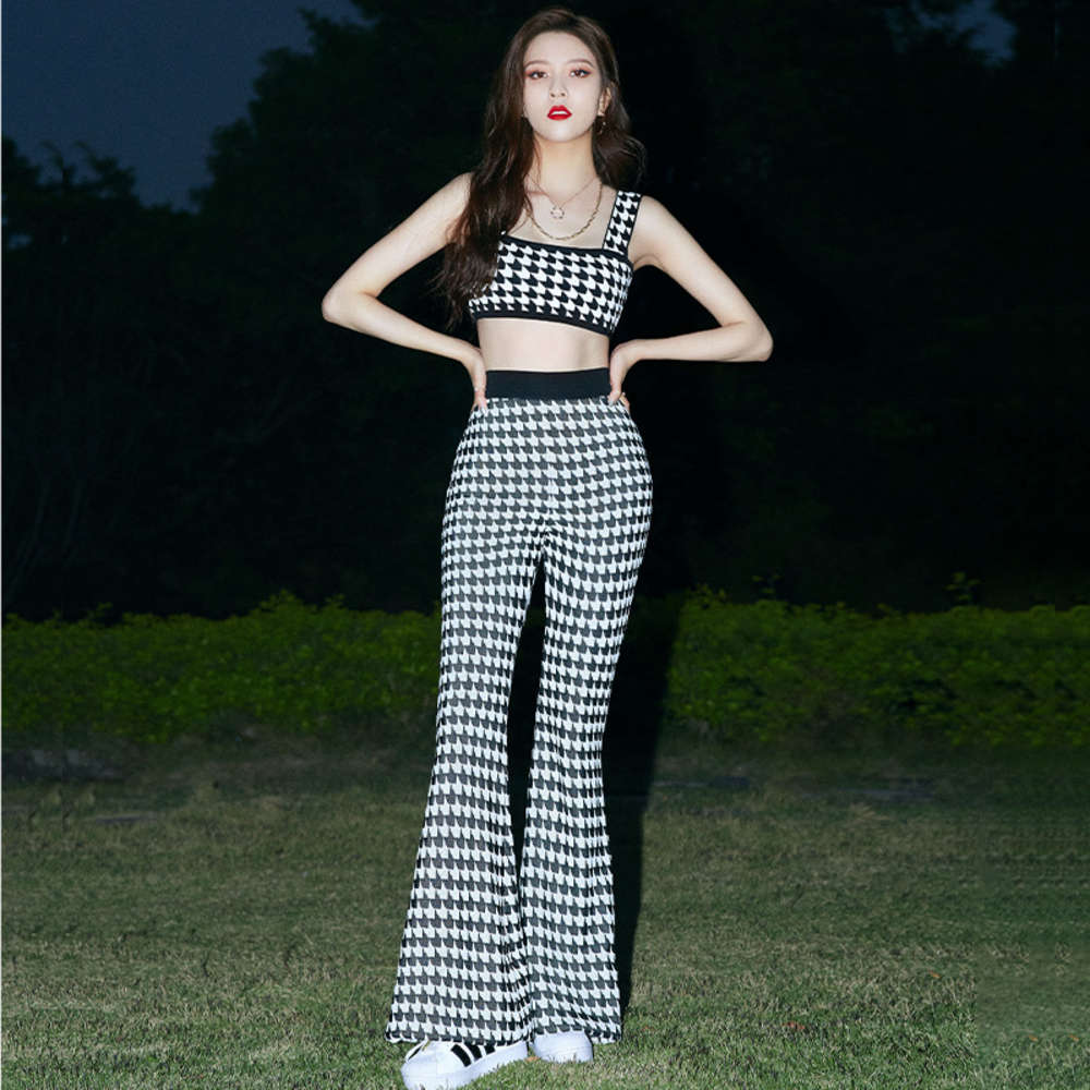 

Song Yanfei's wide with thousand bird pattern long leg temperament suit high waist show thin trumpet floor pants summer, Black;white