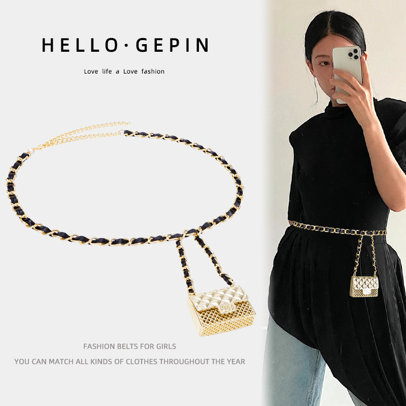 

Metal chain women's summer versatile decoration with dress pants knit thin belt black waist bag
