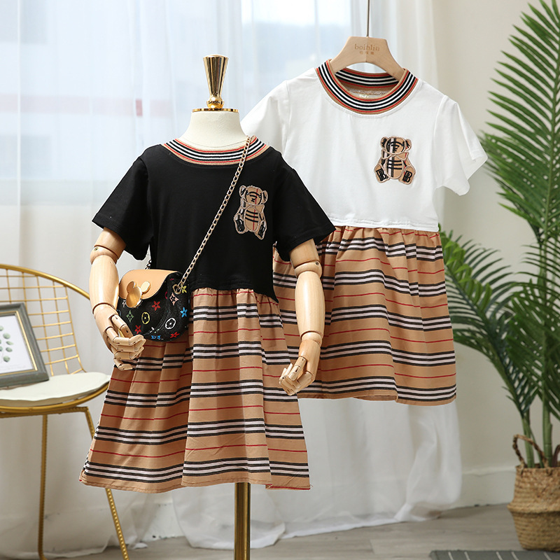 

Summer girl designer dress cotton T-shirt suit striped skirt kid great quality Designers Clothes Kids bear embroidery slim skirts, White